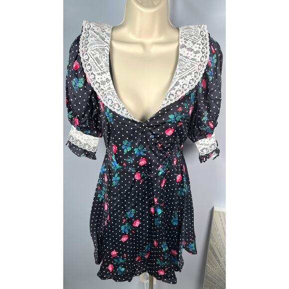 FOR LOVE & LEMONS Raisa Floral Polkadot Lace Trim Collar Mini Dress Sz XS - Picture 3 of 11
